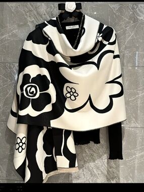 Luxurious Elegant Black & White Camellia Flower Scarf Head Wrap Shawl